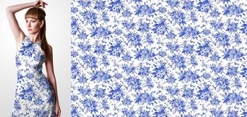 33155v Materiał ze wzorem drobne niebieskie kwiaty i liście na białym tle